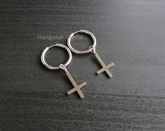 Pendientes de aro con cruz invertida, acero inoxidable