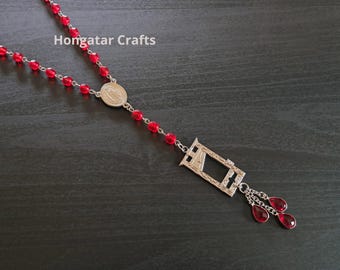 Collar de guillotina con cuentas y gota de sangre, estilo rosario, acero inoxidable