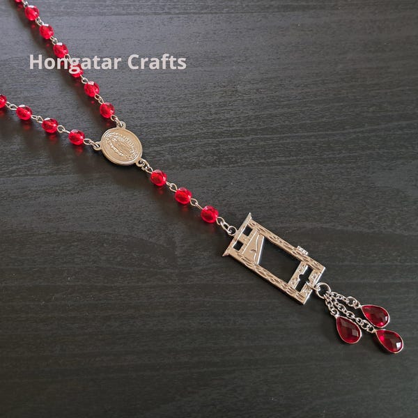 Beaded Guillotine Necklace with blood drop, rosary style, Stainless Steel