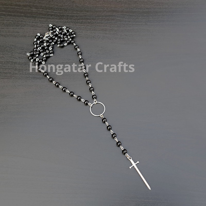 Gunmetal Rosary Stone With Black Half Moon Necklace