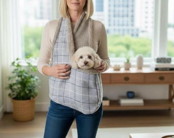 Handmade Grey Check Sherpa Fleece Lined Pet Carrier