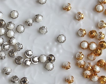 4mm Super Tiny Faux Pearl Vintage Style Metal Buttons, Base in Silver and Golden, Perfect for Doll Clothes