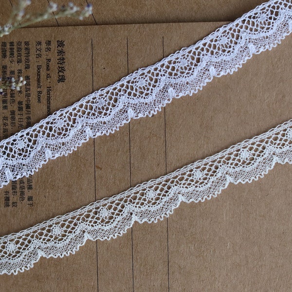 13mm French heirloom cotton lace trim by the yard, in white and beige, made in France, tiny lace perfect for doll clothing