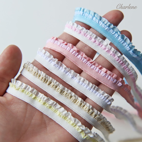 2 Yards - 10mm/0.4" Premium Elastic Frills, in 8 Colors, Stretchy Pleated Lace Trim, Perfect for Doll Clothes, Sewing Craft Supplies