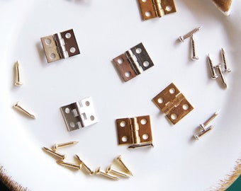 4 Sets - 8×10mm Super Tiny Brass Hinges with Nails, in 2 Colors, For Doll Furniture / House and Other Miniature Making, Doll Craft Supplies