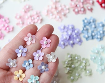12mm (1/2&quot;) Tiny Satin Fabric Flowers with Faux Pearls, in 20 Colors, Sew On Flowers, Mini Floral Decor, 10PCS / 50PCS