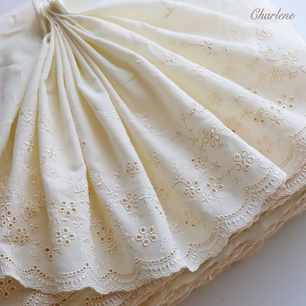 19.5cm/7.7" Very Delicate Ivory Cotton Lace With Flower Embroidery, Embroidery Lace Fabric, Sewing Craft Supplies, Sold by the Yard