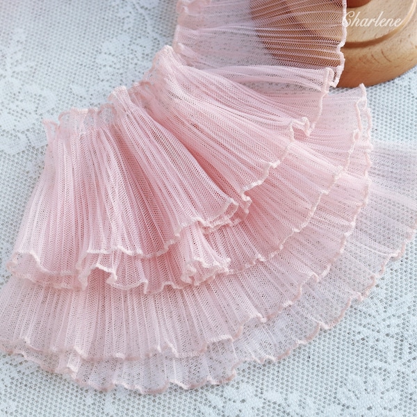 9cm/3.5" High Quality Pink Pleated Net Lace Trim, Ruffle Lace Trim