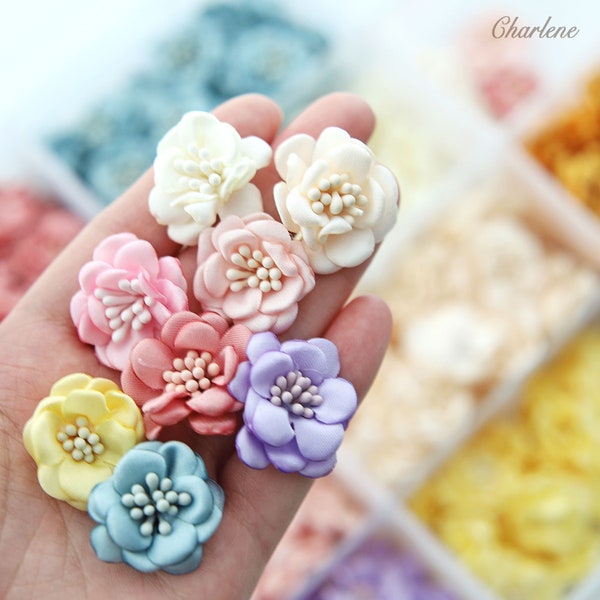 2 PCS - 2.5cm / 0.98" Tiny Satin Fabric Flowers, in 10 Colors, Wedding Dress Embellishments, Floral Decor, Craft Supplies