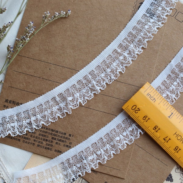 20mm White elastic stretch pleated lace, lace trim by the yard, perfect for doll clothes