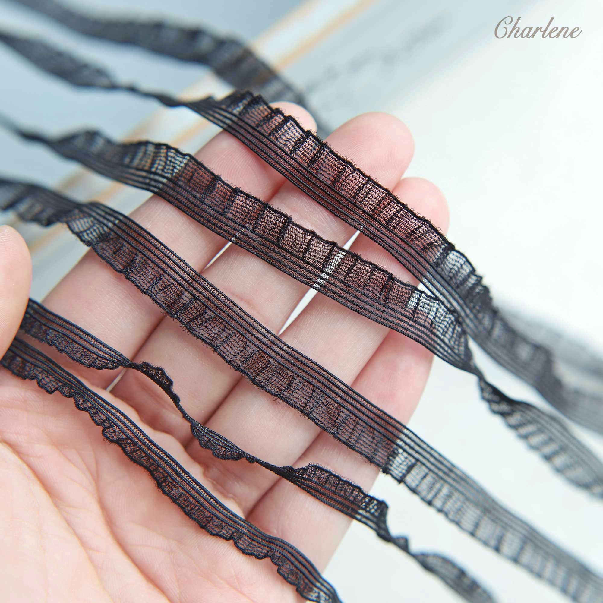 2 Yards - 10mm / 6mm Black Elastic Stretchy Lace Trim, Soft and Thin Pleated Lace Trim, Perfect for Doll Clothes, Sewing Craft Supply