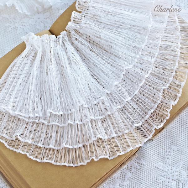 9cm/3.5" High Quality White Pleated Net Lace Trim, Ruffle Lace Trim