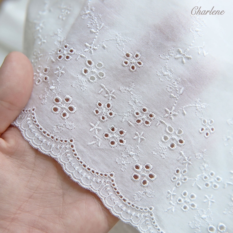 19.5cm/7.7 Very Delicate White Cotton Lace With Flower Embroidery, Embroidery Lace Fabric, Sewing Craft Supplies, Sold by the Yard image 2