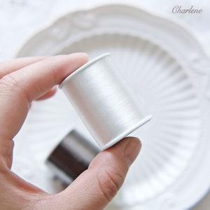 May include: A white spool of thread held in a hand. The spool is made of plastic and has a smooth, shiny finish.