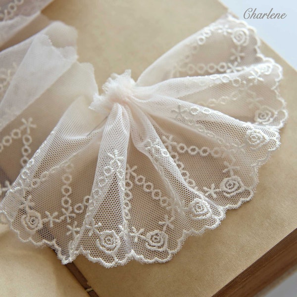 7.5cm/3." Premium Floral Embroidered Nylon Tulle Lace Trim in Apricot Color, Sewing Craft Supplies, Sold by the Yard