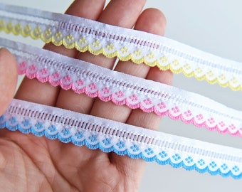 2 Yards - 14mm/0.55" White Lace Trim With Pink / Yellow / Blue Floral Embroidery