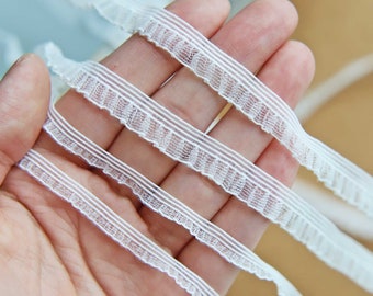 2 Yards - 10mm / 6mm White Elastic Stretchy Lace Trim, Soft and Thin Pleated Lace Trim, Perfect for Doll Clothes, Sewing Craft Supply