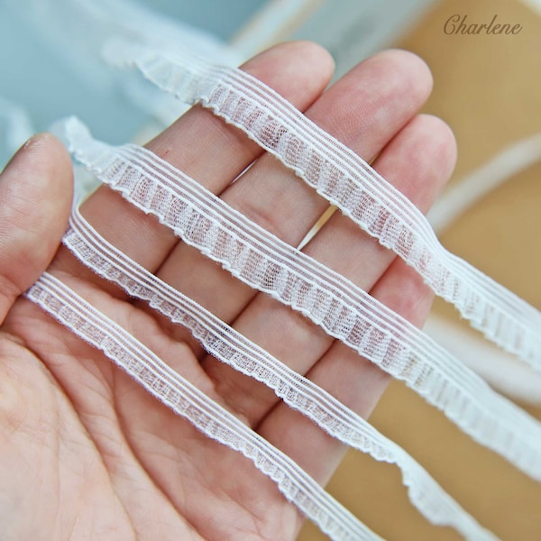 2 Yards - 10mm / 6mm Garniture de dentelle élastique élastique blanche, garniture de dentelle plissée douce et mince, parfaite pour les vêtements de poupée, fournitures d’artisanat de couture