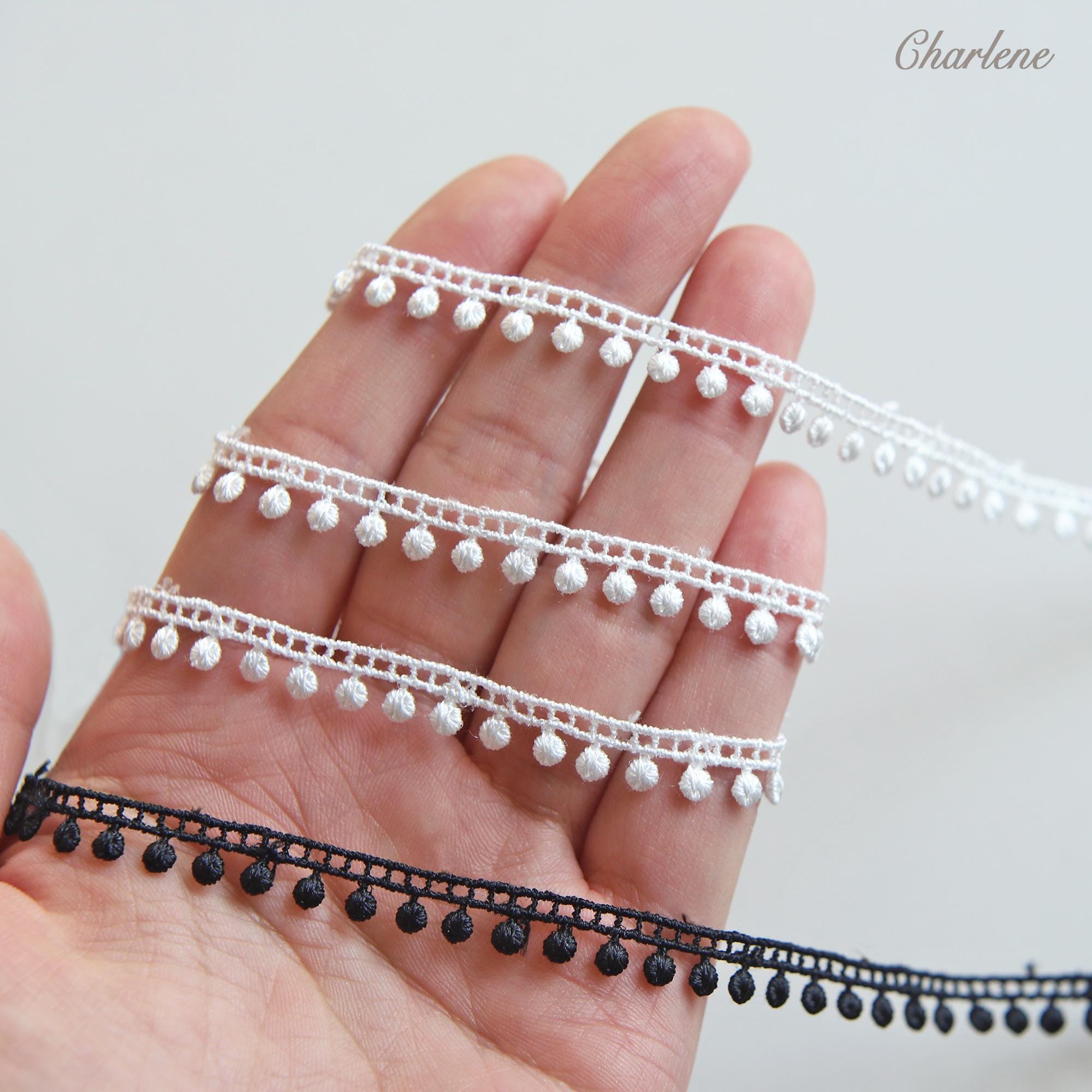 2 Yards - 7mm/0.28" Premium White and Black Nylon Lace Trim with Dots, Sewing Craft Supplies - L120