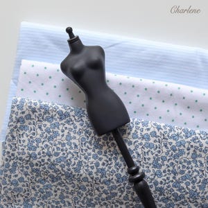 Peut inclure: Un mannequin noir miniature est posé sur trois échantillons de tissu. Les tissus comprennent un motif rayé bleu clair, un tissu blanc à pois verts et un tissu blanc à motifs floraux bleus. Le mot "Charlene" est dans le coin supérieur droit.
