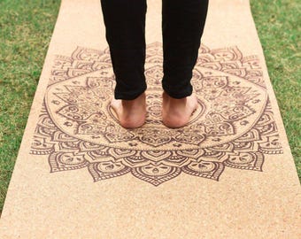Printed Cork Yoga Mat, Non-Slip Eco-Friendly TPE (6x2 ft)