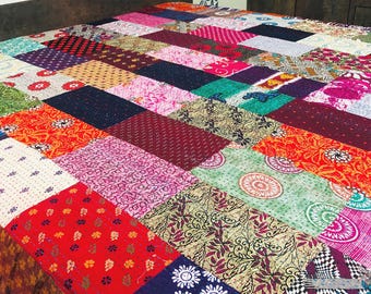 Hand Stitched Kantha Work Quilt – Multicolored Patchwork Cotton Bedspread Size 90x 108 Inch