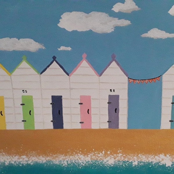 Acrylic painting of beach huts, Holidays in Devon, Paignton seafront, colourful beach huts and bunting, pretty beach huts on the seafront
