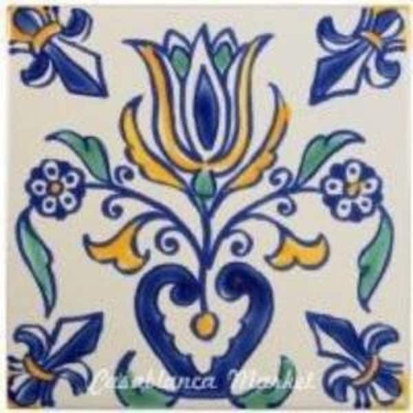 Mediterranean Kitchen Tiles Backsplash, Porcelain Tile, Tulip Decor, Hand Painted Tile, Spanish Ceramic Decor, 4x4 Tile Coaster, Flower