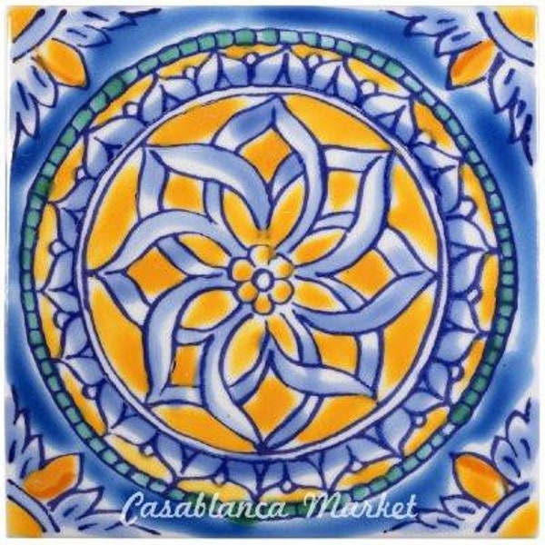 Mediterranean Tiles Backsplash, Moroccan Ceramic Tile, Italian Tiles, Garden Tile, Blue And Yellow Tiles, Stair Riser Tiles, Kitchen Tiles