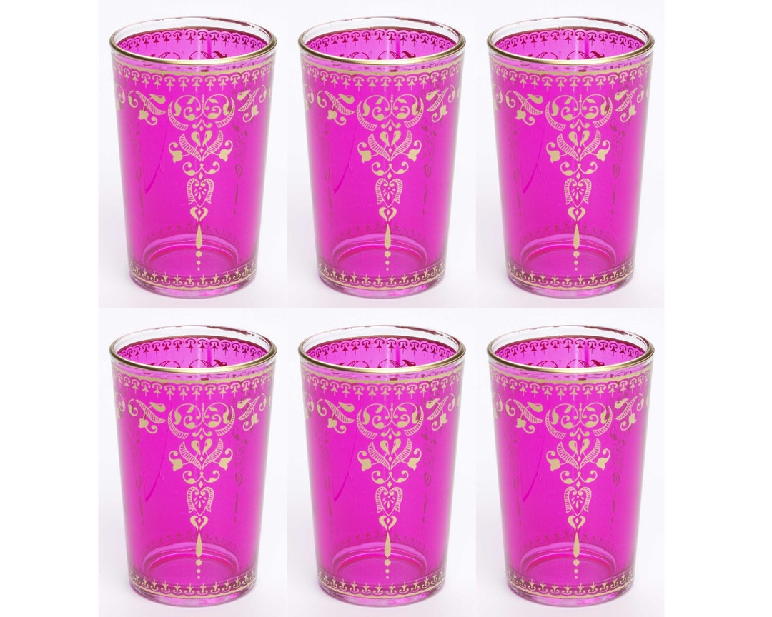Moroccan Tea Glasses Set of 6, Artisan Pink Tea Set, Moroccan Tea Cups