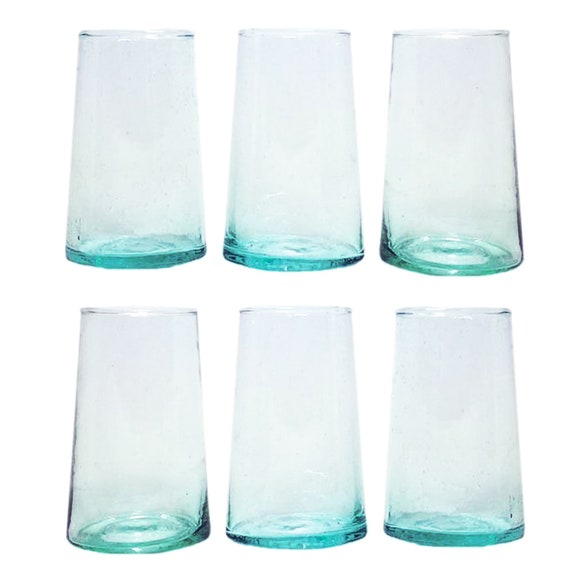 Classic Authentic Handmade Moroccan Stemless Hand Blown Wine Glasses Set, Tall Clear (Set of 6 )