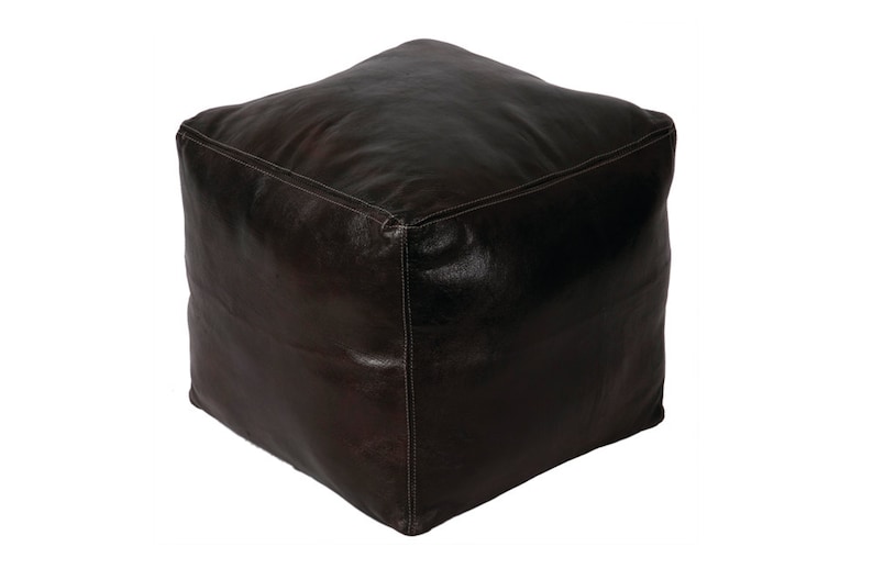 Moroccan Hand-sewn Authentic Black Leather Cube Pouf