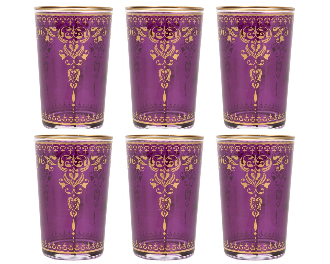 Set of 6 Moroccan Tea Glasses Set, Moroccan Tea Cups, Purple Drinking