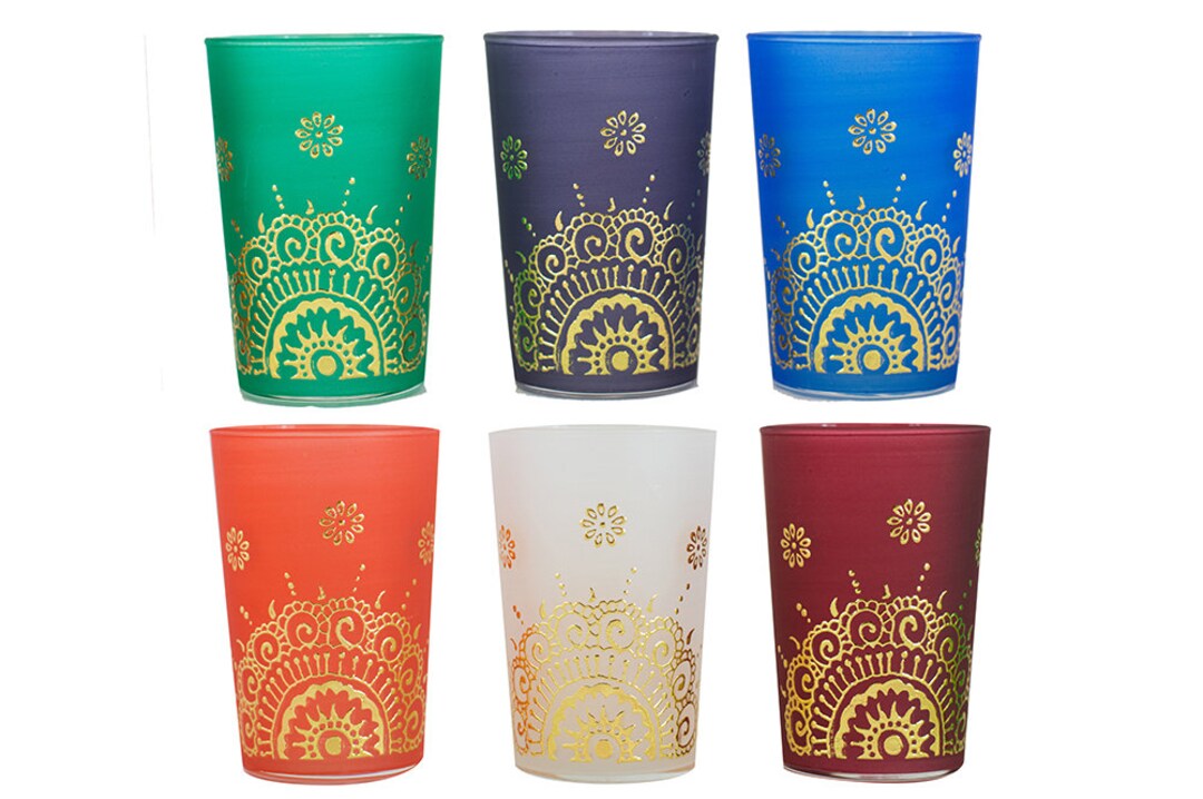 Handmade Hand Painted Moroccan Tea Glasses Set Green Orange Etsy