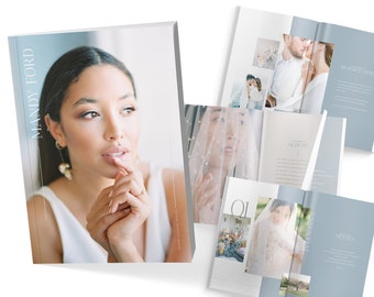 May include: A wedding photography brochure with a blue and white color scheme. The cover features a woman in a white dress with a soft, natural makeup look. The brochure includes images of couples and wedding details, with text that reads "Reserve Now" and "Essential Details".