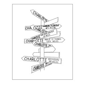 Center City Charlotte, NC - Directional Sign Line Art Print, instant Digital Download Art, Charlotte art prints, Printable Artwork