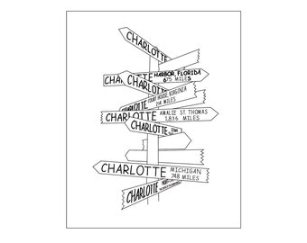 Center City Charlotte, NC - Directional Sign Line Art Print, instant Digital Download Art, Charlotte art prints, Printable Artwork