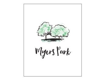 Myers Park Charlotte, NC - Line Art and Watercolor Print, instant Digital Download Art, Charlotte art prints, Printable Artwork, line art