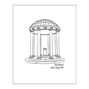 May include: A black and white line drawing of the Old Well at UNC Chapel Hill. The well is a domed structure with columns and a small platform in the center.