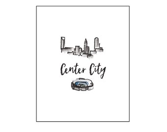 Center City, Uptown,  Charlotte, NC - Line Art and Watercolor Print, Instant Digital Download Art, Charlotte art prints, Printable Artwork