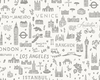 Rifle Paper Co. Bon Voyage World Traveler Silhouette Grey - Cotton + Steel - PER QUARTER METRE Rifle Paper Co. Bon Voyage World Traveler Silhouette Grey - Cotton + Steel - PER QUARTER METRE