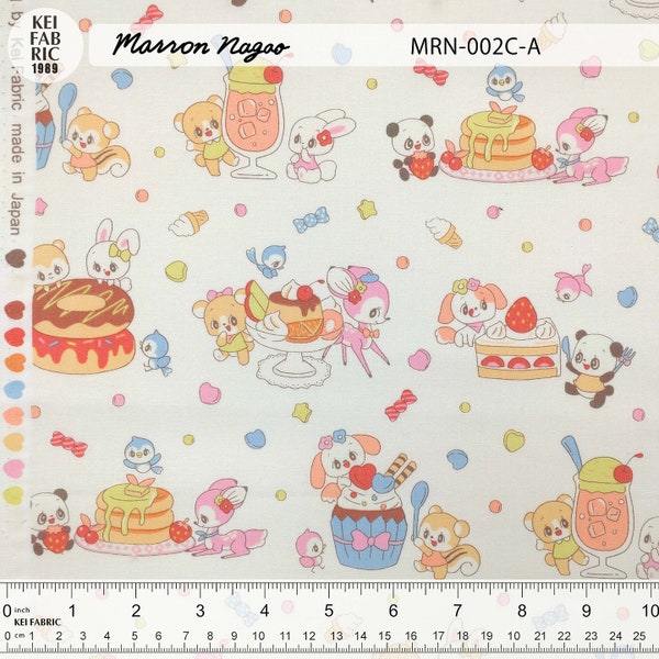 1/2 yard Marron Nagao Retro Animal Sweets Dream for Kei Fabric | Japanese Import | MRN002C-A Off White