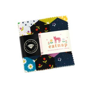 May include: A bundle of colorful fabric squares in a variety of floral and geometric patterns. The fabric is held together with a black band featuring the Ruby Star Society logo and a label that reads "catnap" with a pink cat illustration. Each square measures 2.5 inches.