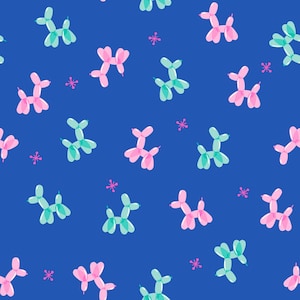 May include: A seamless pattern featuring pink and blue balloon animal dogs on a bright blue background. The pattern is repeated throughout the image.