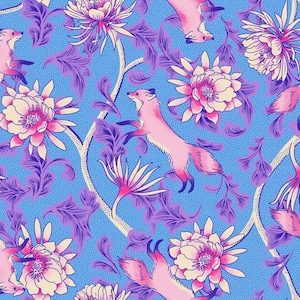 May include: A repeating pattern featuring pink foxes leaping amongst large, stylized flowers and foliage in shades of pink, purple, and cream. The background is a light blue with a subtle dotted texture. The design has a whimsical, vintage feel.
