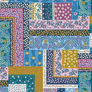 May include: A patchwork pattern featuring floral and botanical designs in teal, blue, purple, and gold. The pattern includes various floral motifs, including small flowers and leafy vines, arranged in rectangular blocks.