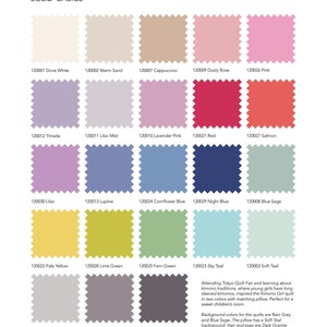 May include: A colour chart labelled "SOLID BASICS" shows fabric swatches in various colours. The swatches are arranged in rows and columns, with each swatch labelled with a colour name and a five-digit code. Colours include Dove White, Pink, and Night Blue.