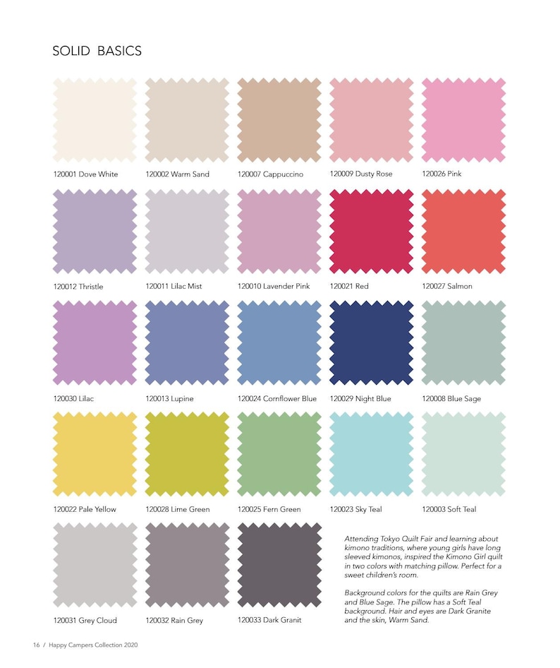 May include: A colour chart labelled "SOLID BASICS" shows fabric swatches in various colours. The swatches are arranged in rows and columns, with each swatch labelled with a colour name and a five-digit code. Colours include Dove White, Pink, and Night Blue.