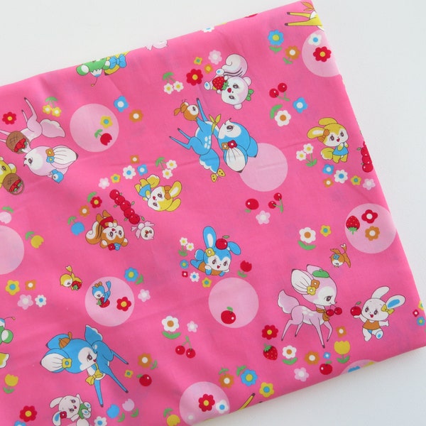 1/2 yard Marron Nagao Retro Animal Flowers for Kei Fabric | Japanese Import | MRN001C-E Hot Pink