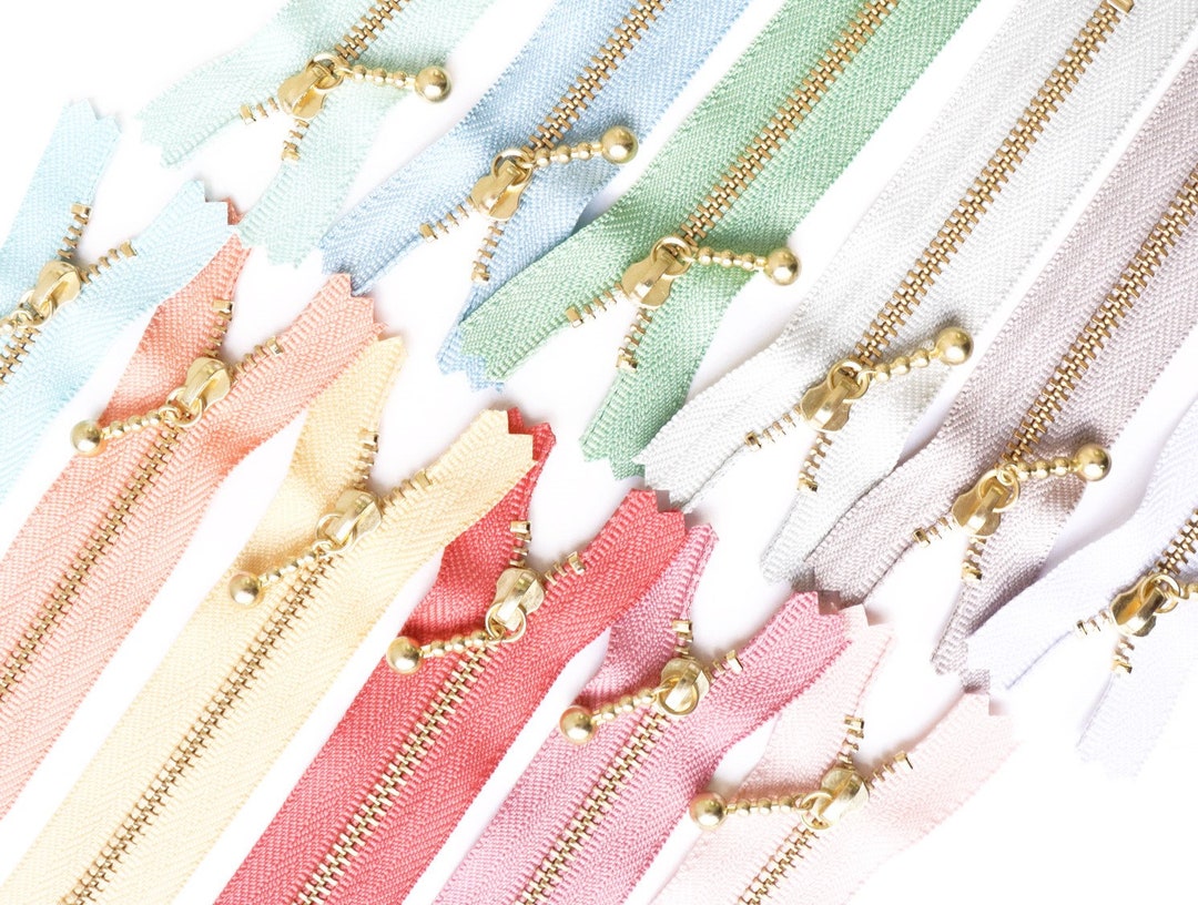 Set of 12 YKK Closed End Zippers With Gold Brass Ball Pull 12 Colors